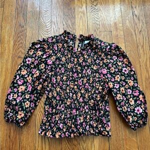Divided Black Floral Smocked Blouse